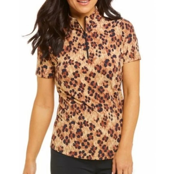 IBKUL Le Leopard Mock Neck Zip Top Short Sleeve Shirt M Natural/Black - Picture 2 of 2